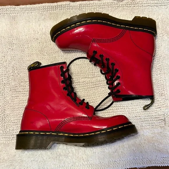 Dr. Martens Red Combat Boots with Yellow Stitching - Picture 4 of 7